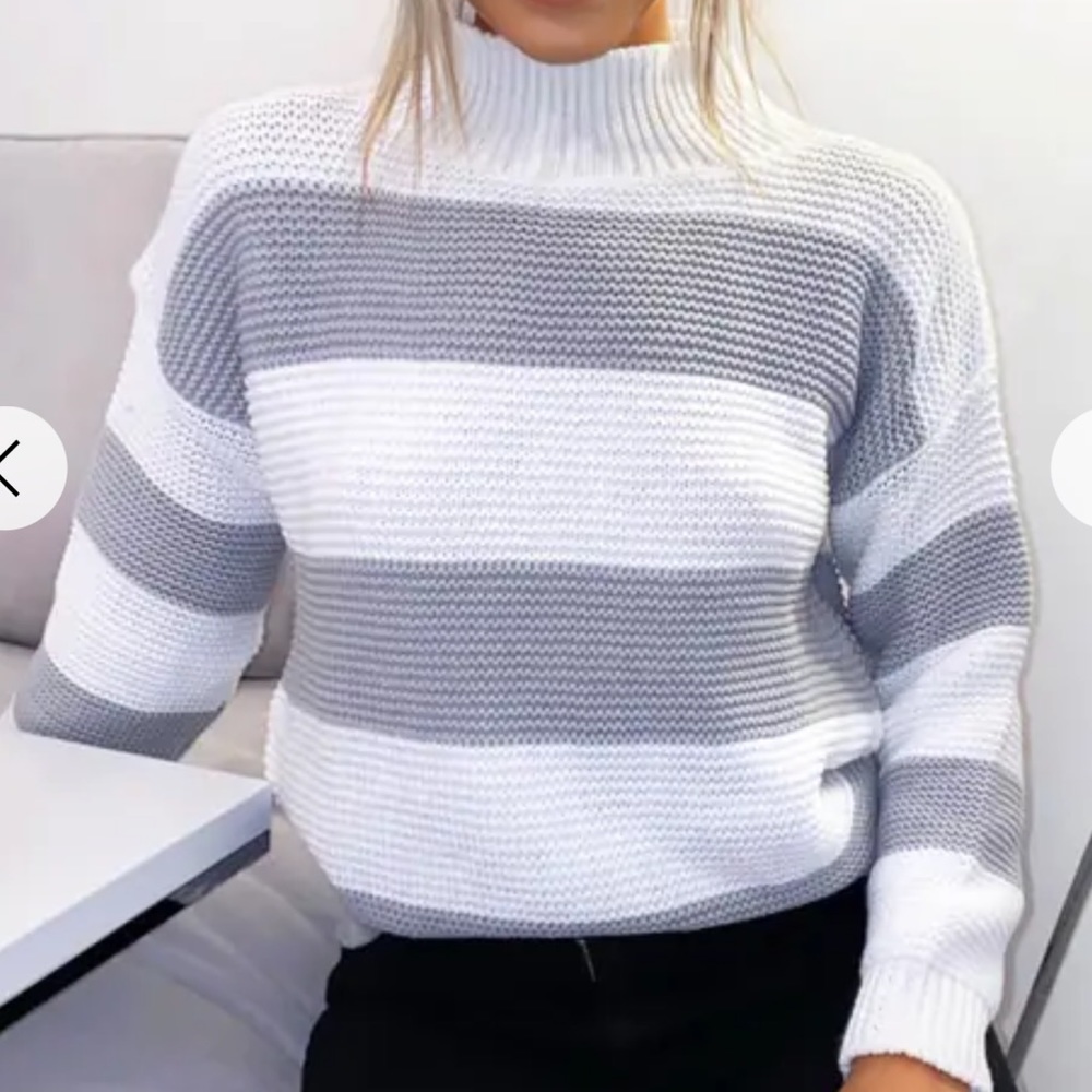 Grey and White Striped High Neck Knit Sweater